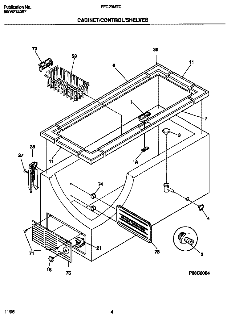 CABINET / CONTROL / SHELVES Diagram and Parts List for FFC23M7CW1  Frigidaire Freezer