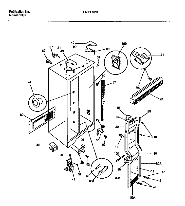 CABINET, LIGHT SHIELDS, MULLION Diagram and Parts List for F45PC22BW0  Frigidaire Refrigerator