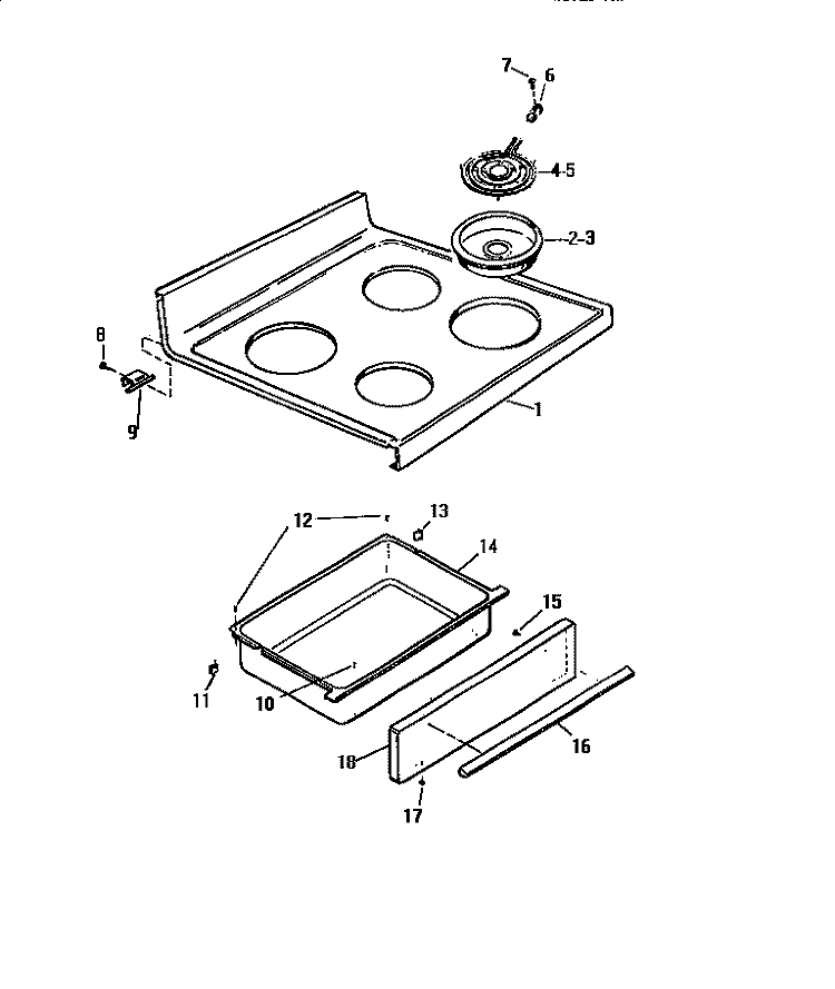 TOP, DRAWER Diagram and Parts List for KF520GDW1  Frigidaire Range