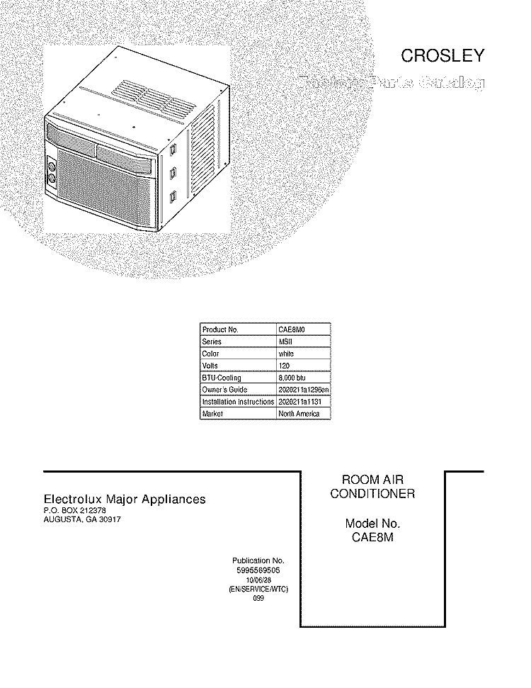 COVER Diagram and Parts List for CAE8M0  Crosley Air Conditioner