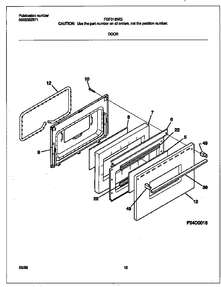DOOR Diagram and Parts List for FGF316WGTE  Frigidaire Range