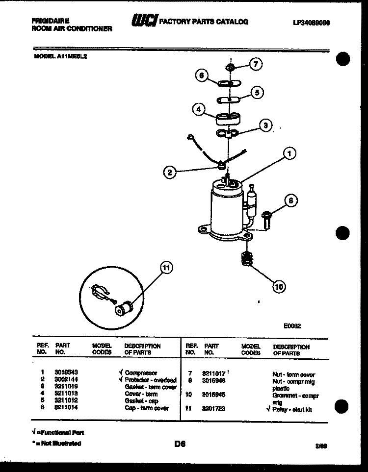 COMPRESSOR PARTS Diagram and Parts List for A11ME5L2  Frigidaire Air Conditioner