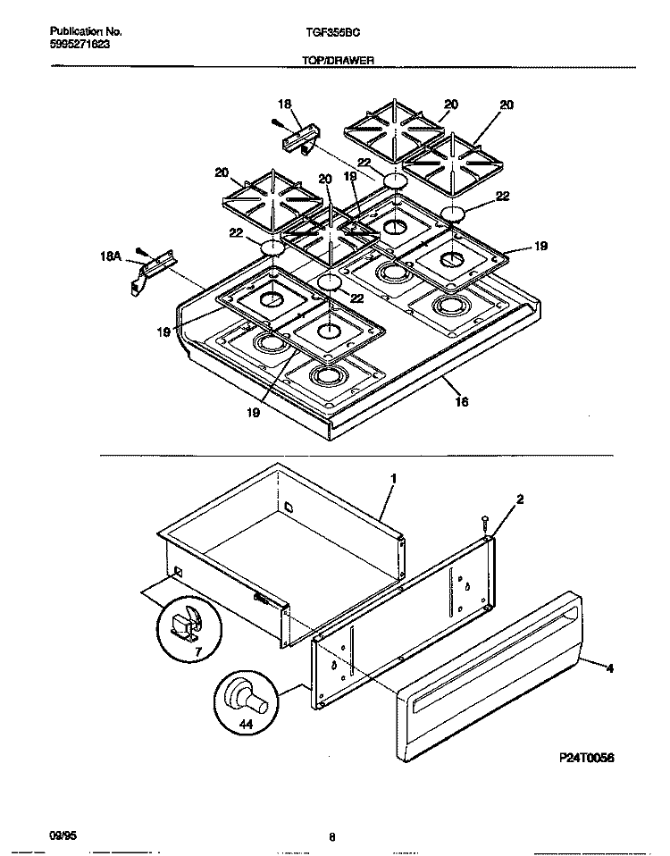 TOP / DRAWER Diagram and Parts List for TGF355BCWA  Tappan Range