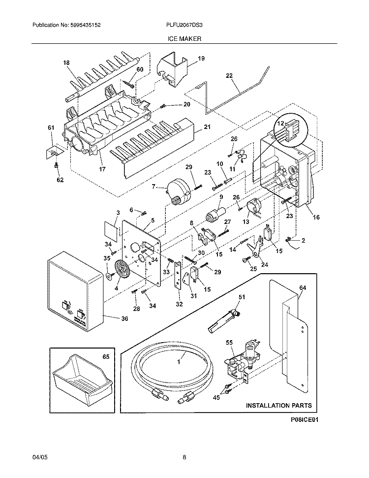 ICE MAKER Diagram and Parts List for PLFU2067DS3  Frigidaire Freezer