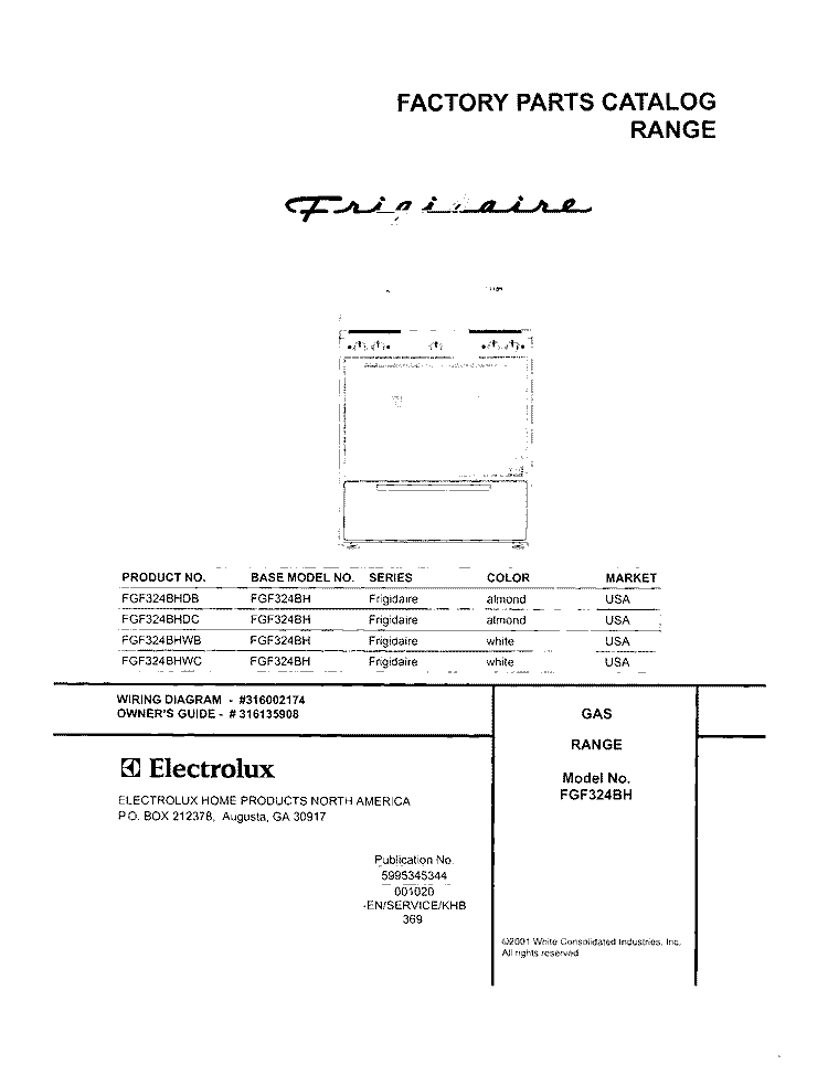 COVER Diagram and Parts List for FGF324BHWC  Frigidaire Range