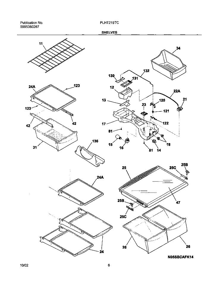 SHELVES Diagram and Parts List for PLHT219TCB0  Frigidaire Refrigerator