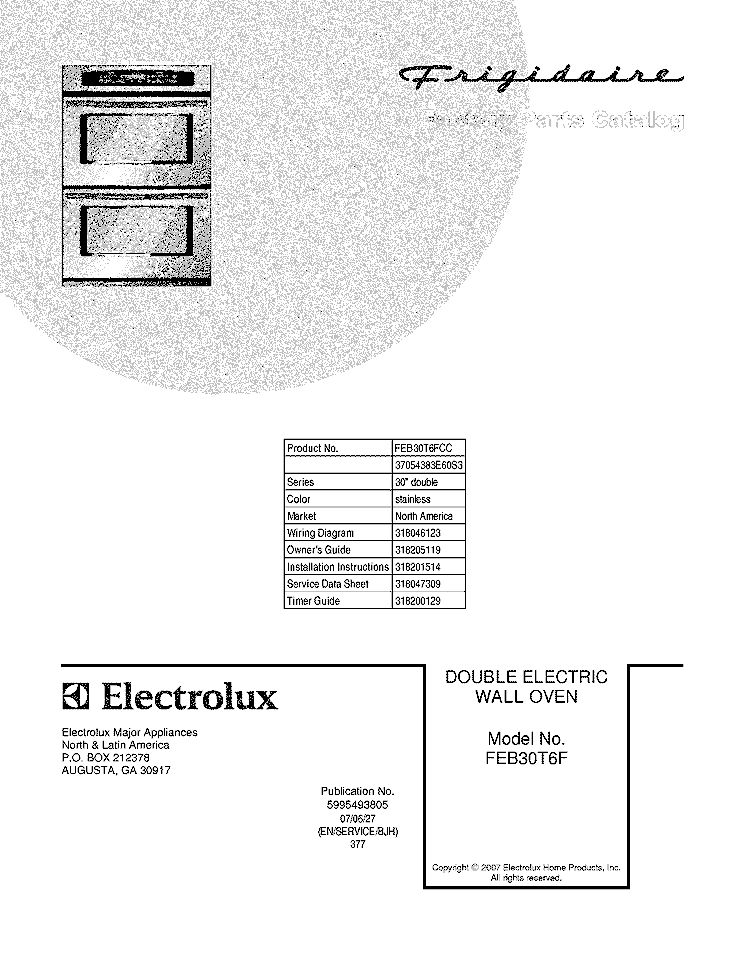 COVER Diagram and Parts List for FEB30T6FCC  Frigidaire Wall Oven
