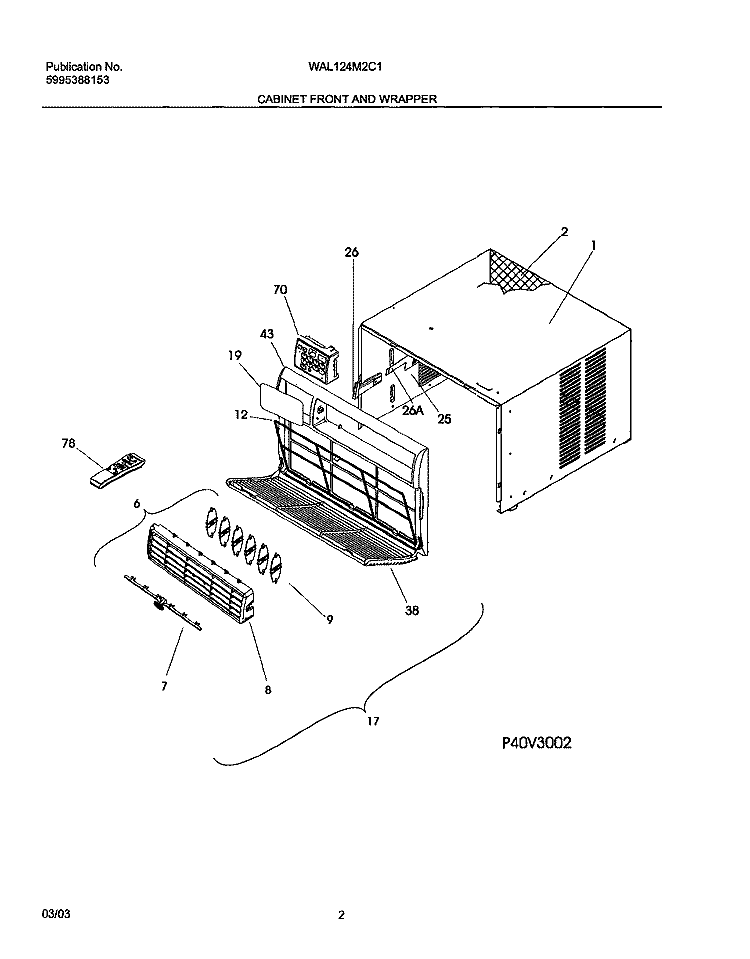 CABINET FRONT AND WRAPPER Diagram and Parts List for WAL124M2C1  Westinghouse Air Conditioner