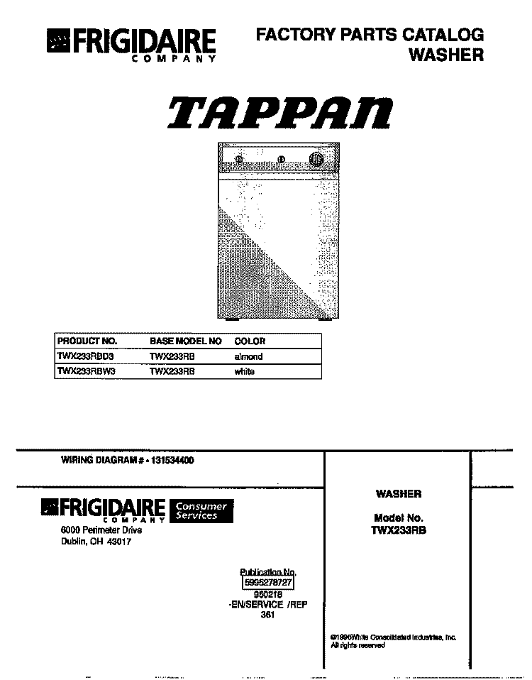 COVER Diagram and Parts List for TWX233RBW3  Tappan Washer