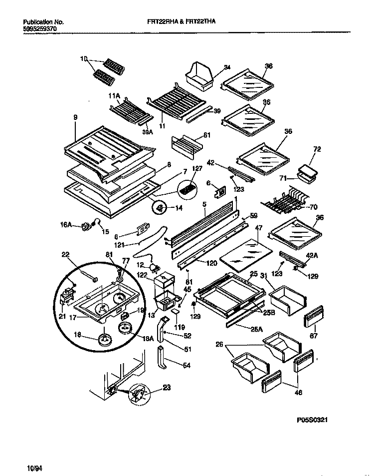 SHELVES, CONTROLS, DIVIDER, MULLION Diagram and Parts List for FRT22RHAD1  Frigidaire Refrigerator
