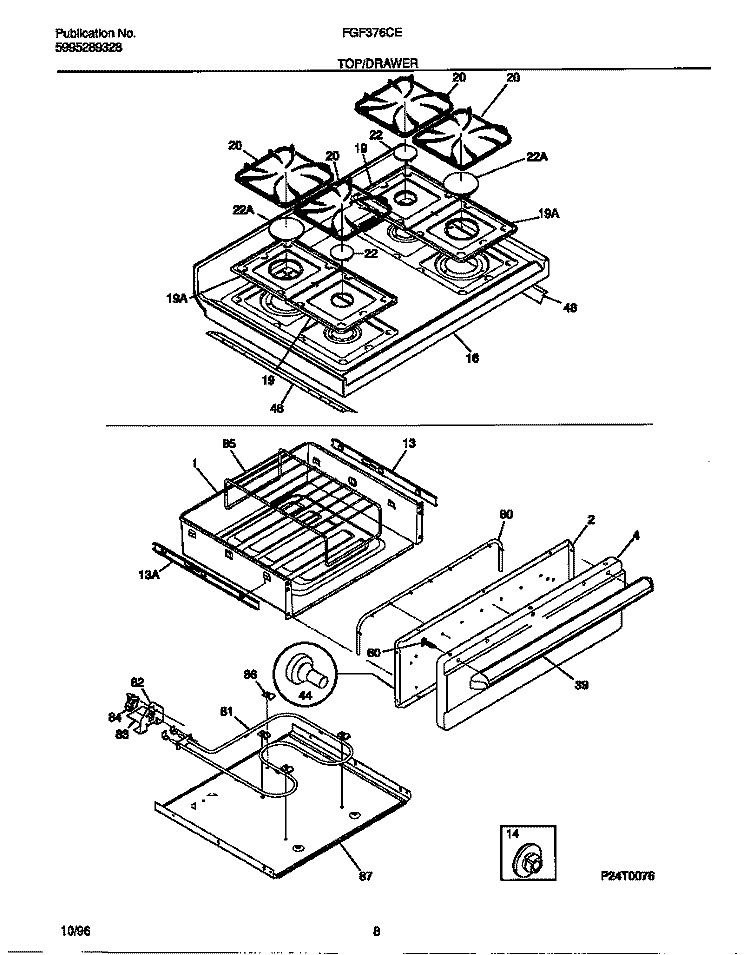 TOP / DRAWER Diagram and Parts List for FGF376CETD  Frigidaire Range