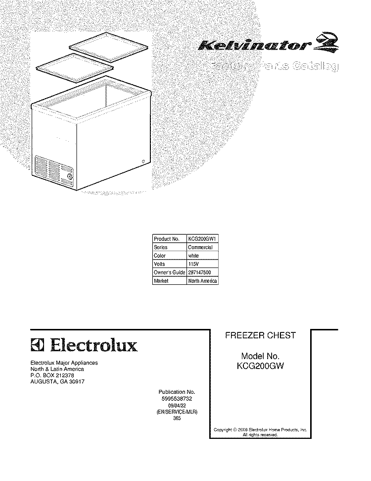 COVER Diagram and Parts List for KCG200GW1  Kelvinator Freezer