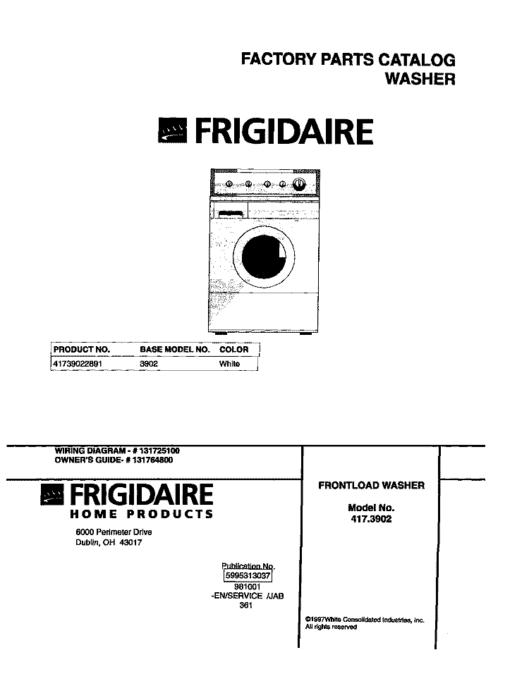 COVER Diagram and Parts List for 41739022891  Frigidaire Washer