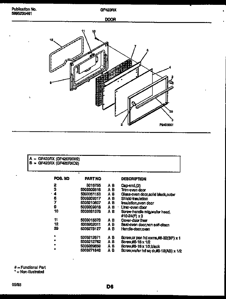 DOOR PARTS Diagram and Parts List for GF420RXD2  Frigidaire Range