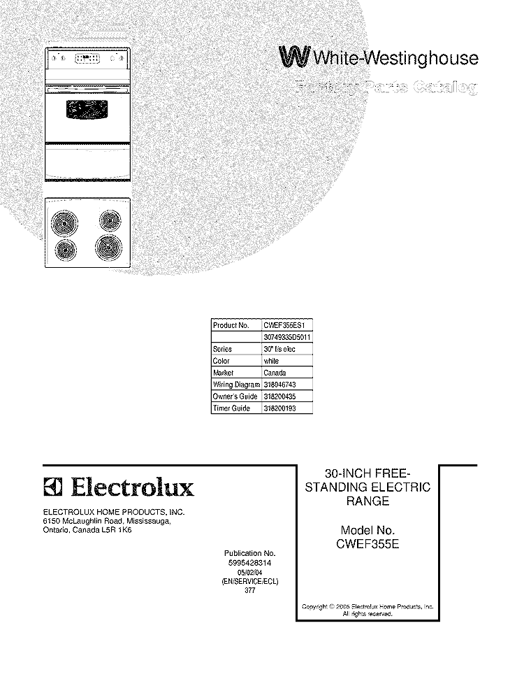 COVER Diagram and Parts List for CWEF355ES1  Westinghouse Range