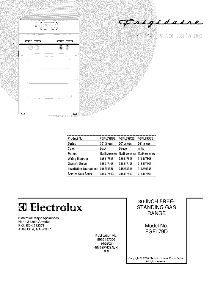 COVER Diagram and Parts List for FGFL79DBE  Frigidaire Range