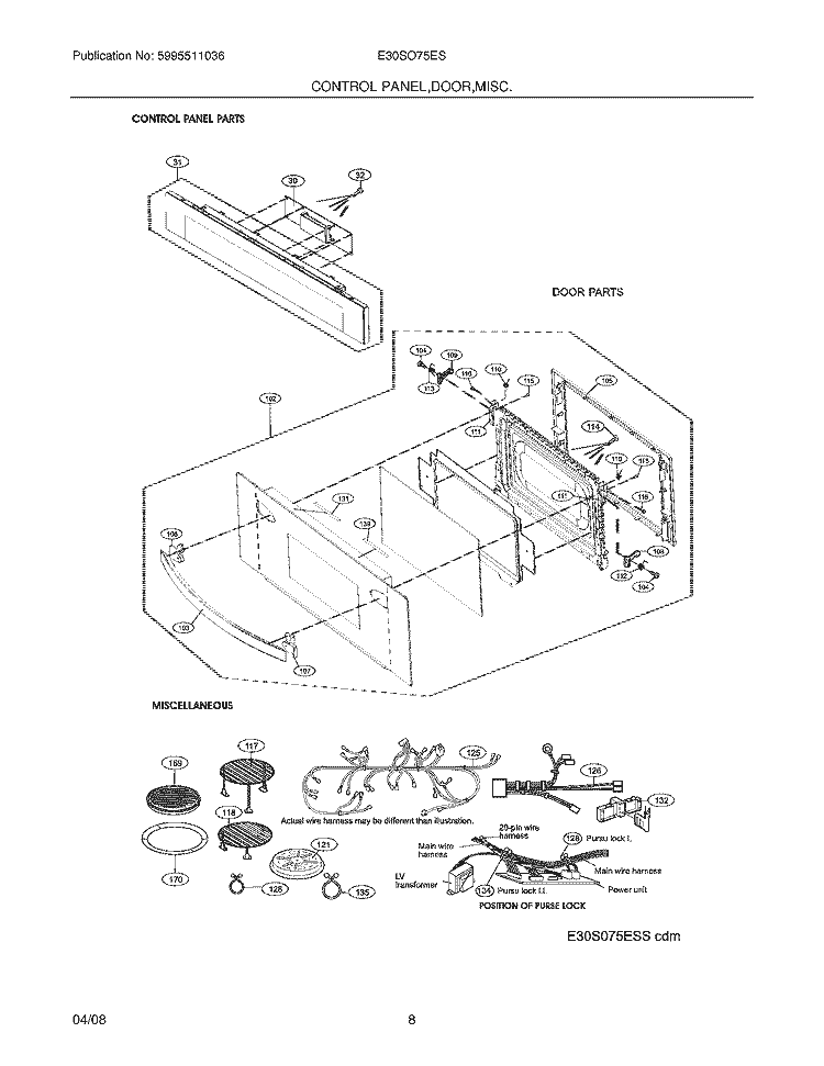 CONTROL PANEL / DOOR / MISC Diagram and Parts List for E30SO75ESSA  Electrolux Microwave