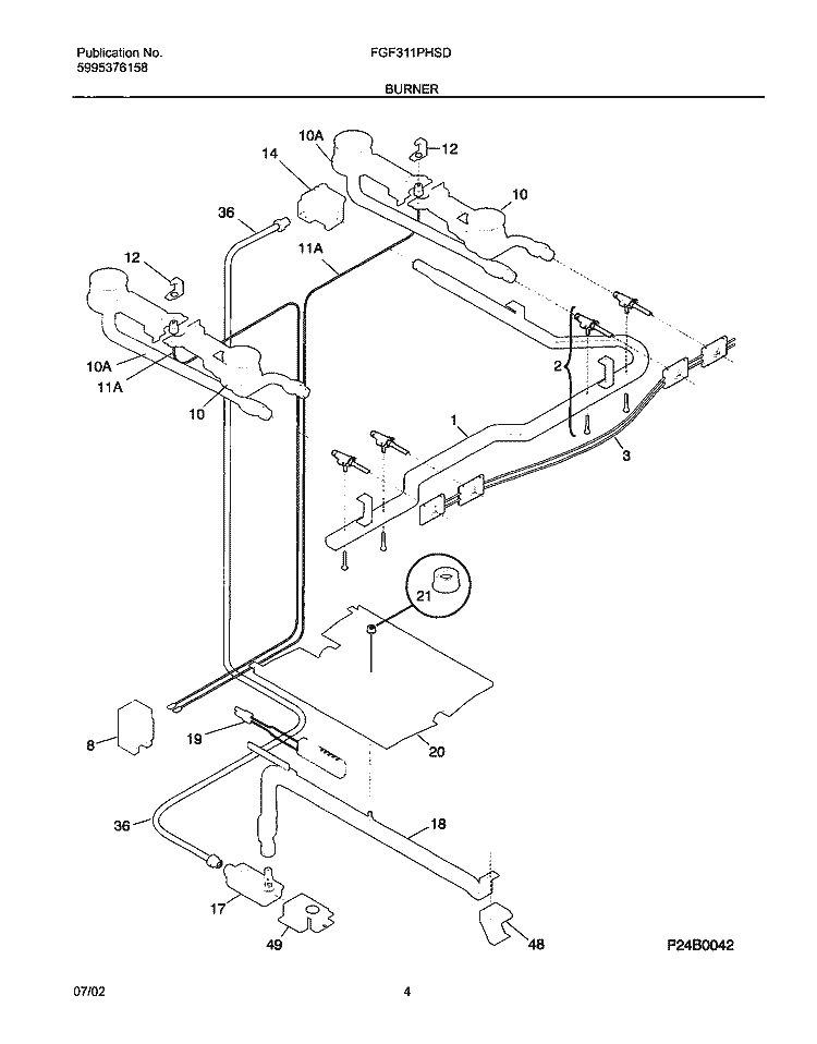 BURNER Diagram and Parts List for FGF311PHSD  Frigidaire Range