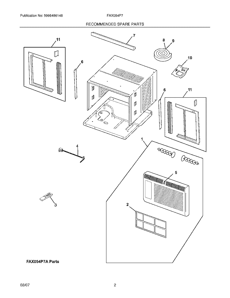 RECOMENDED SPARE PARTS Diagram and Parts List for FAX054P7AENG3  Frigidaire Air Conditioner