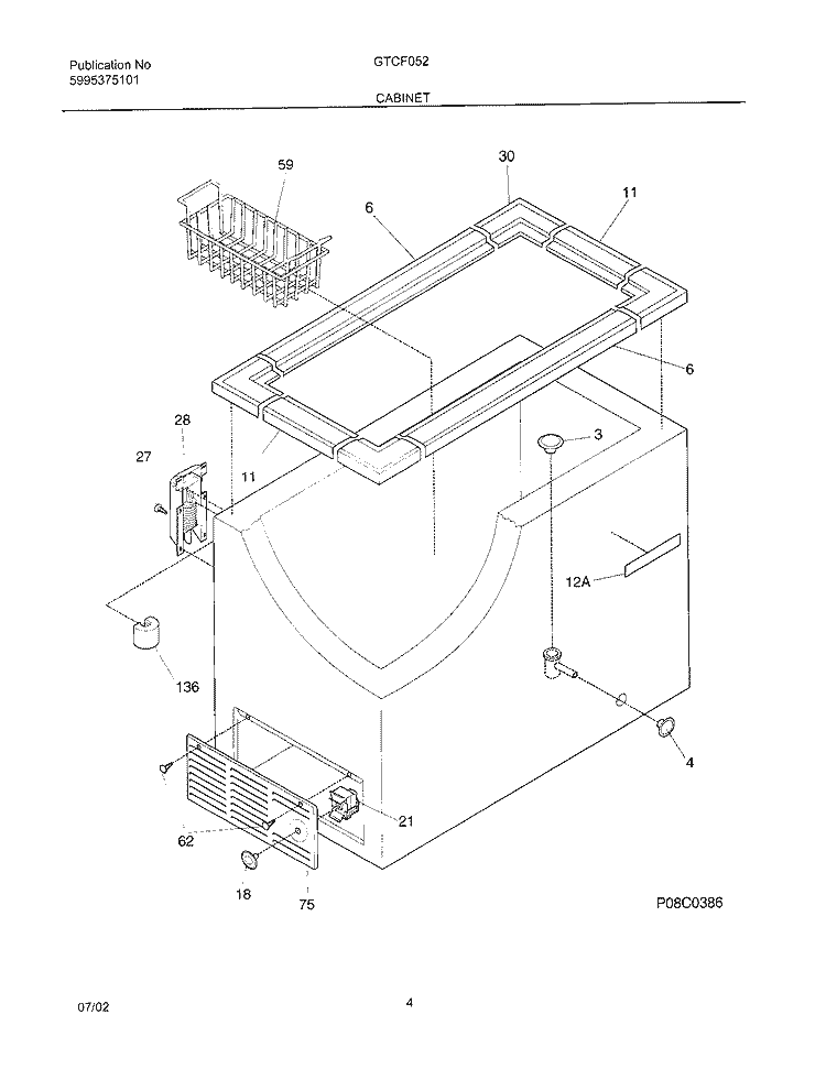 CABINET Diagram and Parts List for GTCF052  Frigidaire Freezer