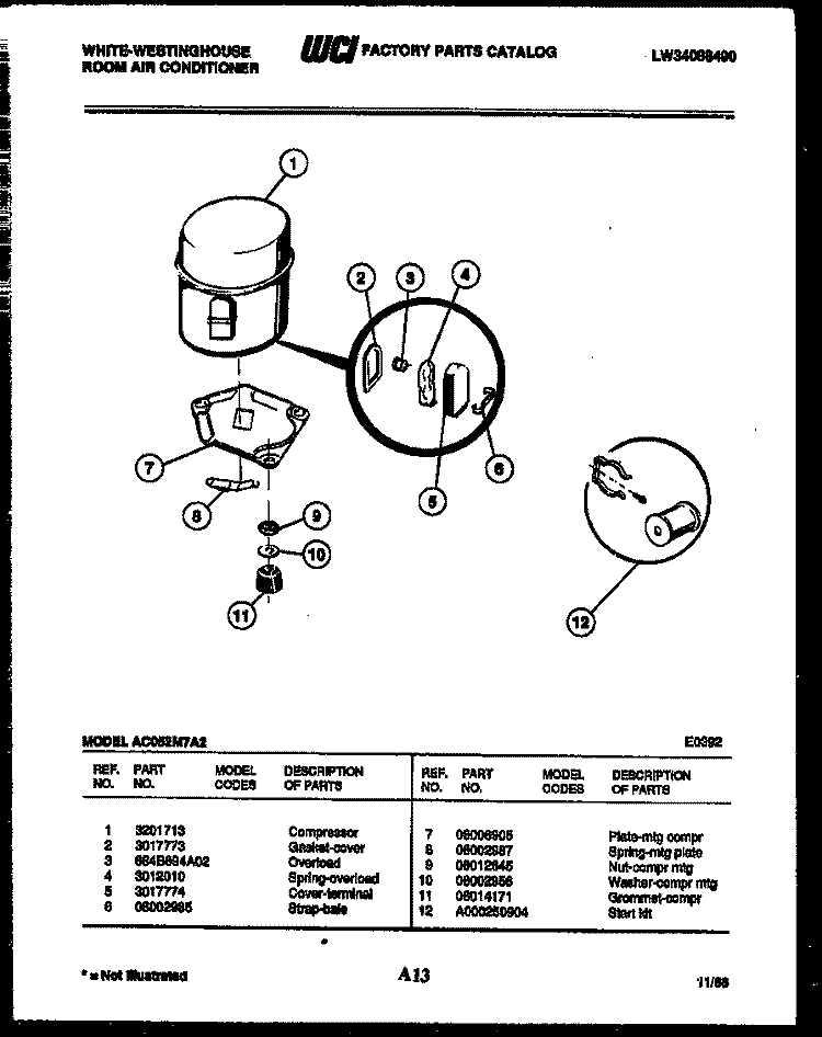 COMPRESSOR PARTS Diagram and Parts List for AC052M7A2  Frigidaire Air Conditioner