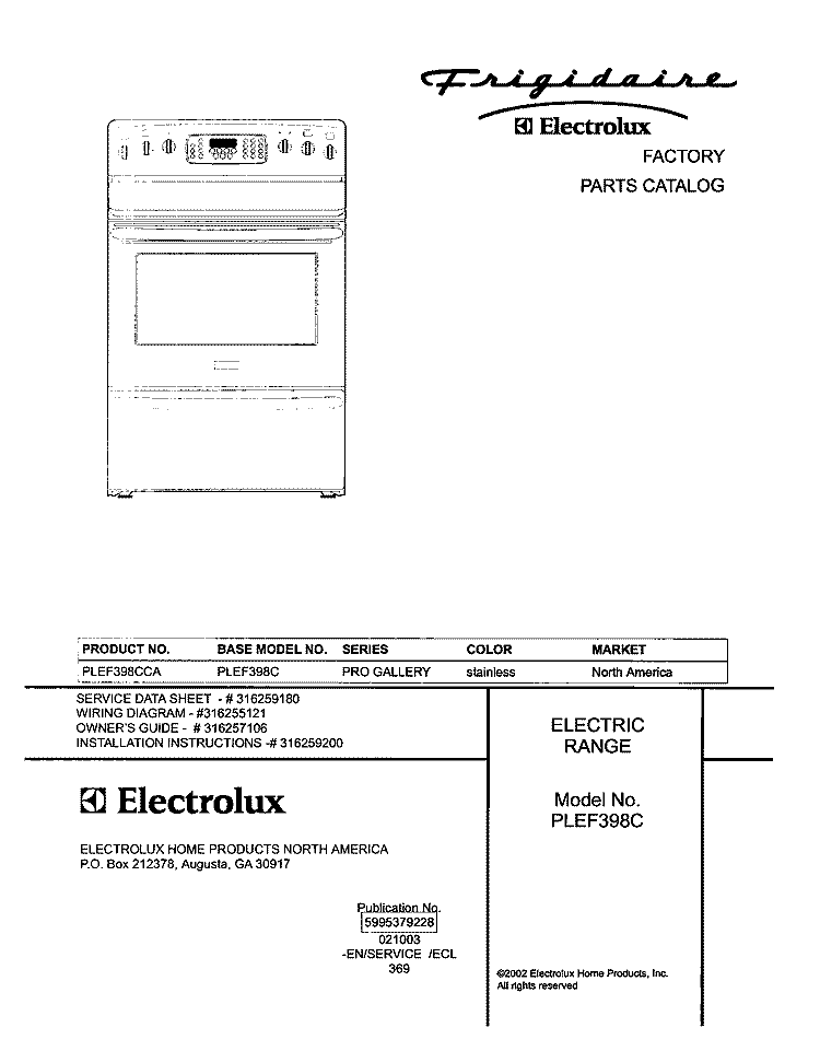 COVER Diagram and Parts List for PLEF398CCA  Frigidaire Range