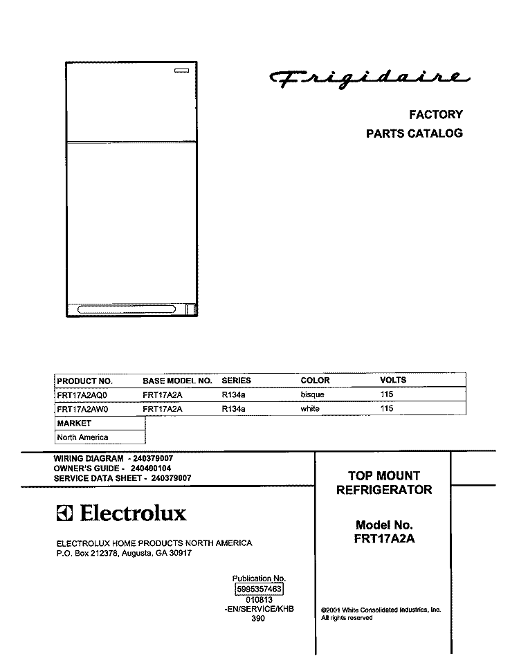 COVER Diagram and Parts List for FRT17A2AQ0  Frigidaire Refrigerator