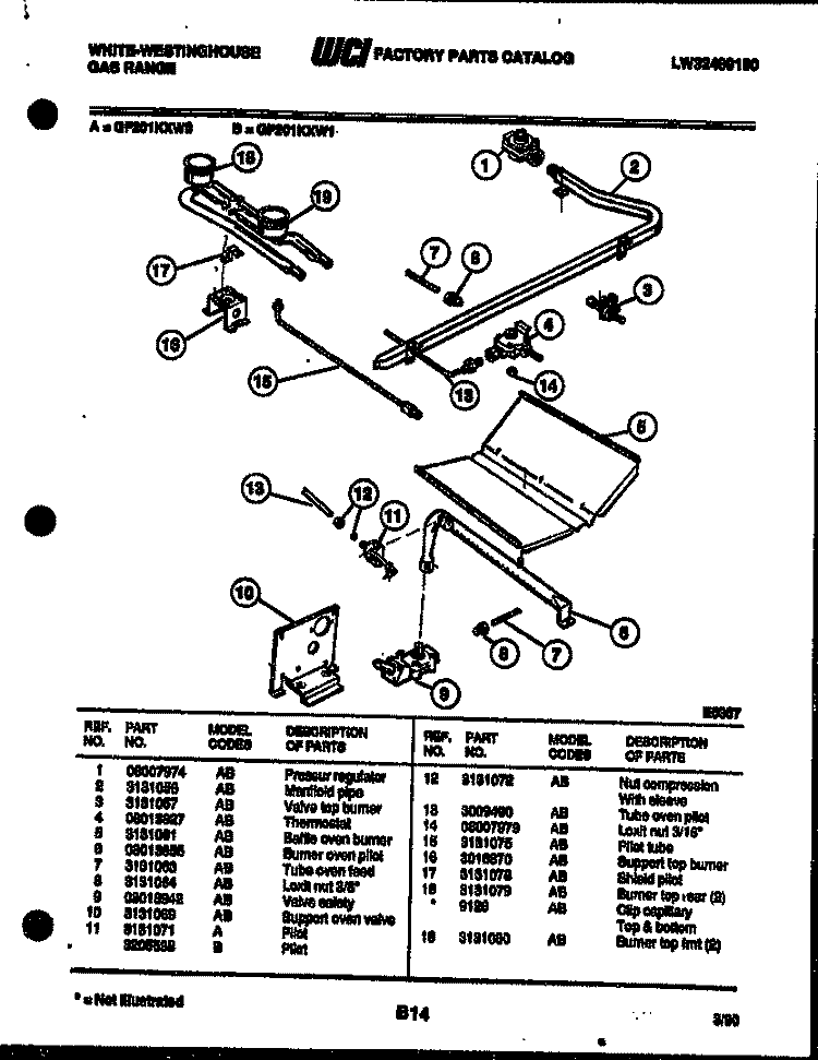 BURNER, MANIFOLD AND GAS CONTROL Diagram and Parts List for GF201KXD1  Frigidaire Range