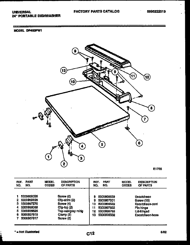 TOP PARTS Diagram and Parts List for DP400PD1  Uni Dishwasher