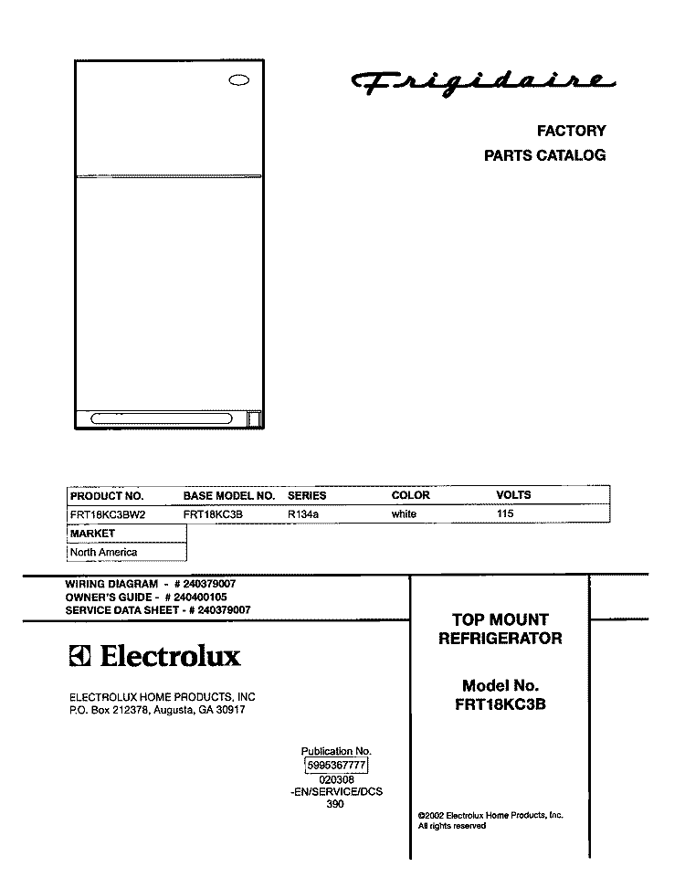 COVER Diagram and Parts List for FRT18KC3BW2  Frigidaire Refrigerator