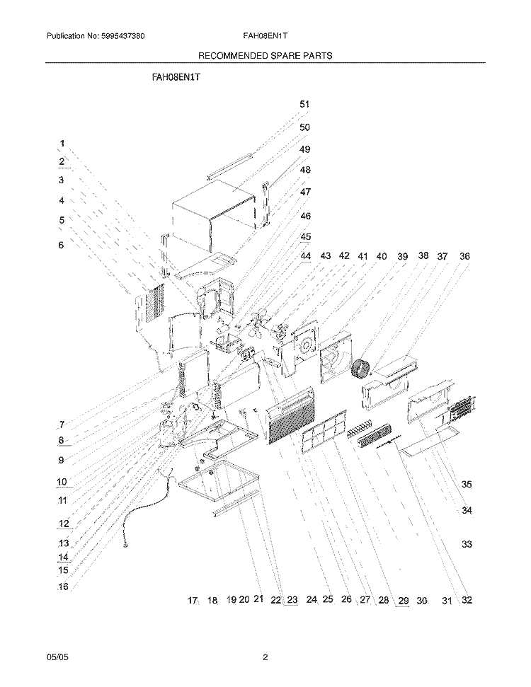 RECOMMENDED SPARE PARTS Diagram and Parts List for FAH08EN1T  Frigidaire Air Conditioner