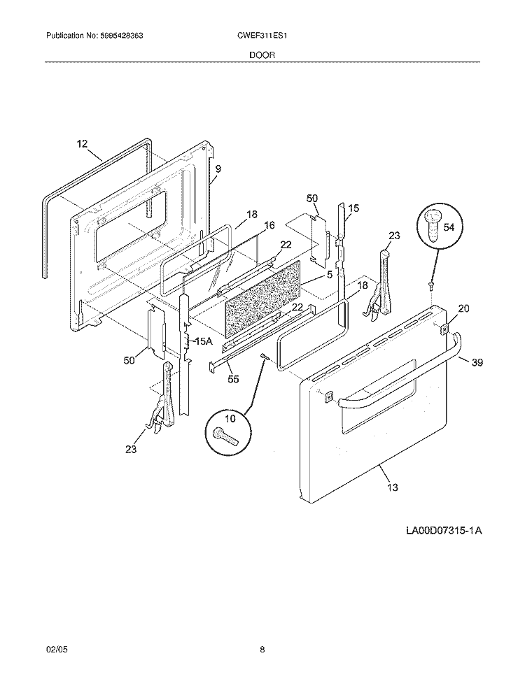 DOOR Diagram and Parts List for CWEF311ES1  Westinghouse Range
