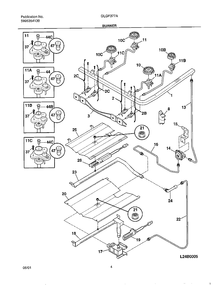 BURNER Diagram and Parts List for GLGF377AQA  Frigidaire Range