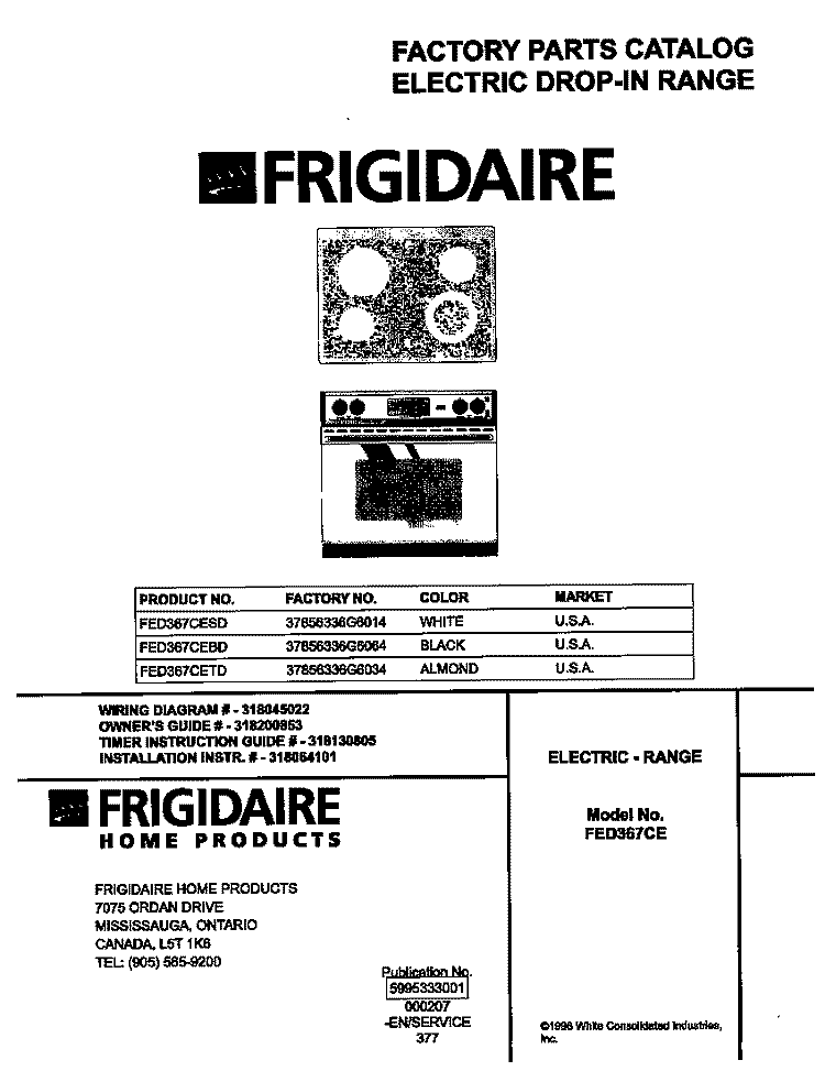 COVER Diagram and Parts List for FED367CETD  Frigidaire Range