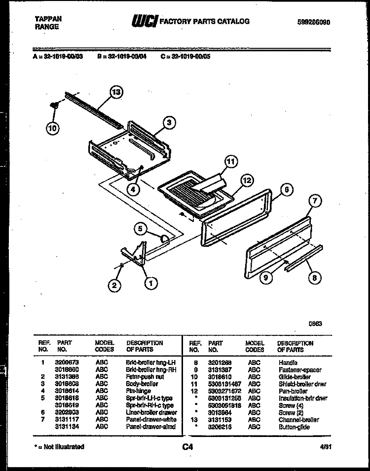 BROILER DRAWER PARTS Diagram and Parts List for 32-1019-00-03  Tappan Range