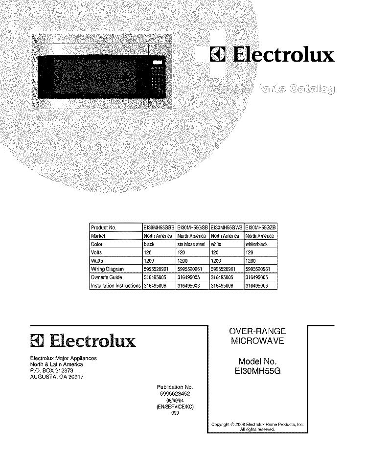 COVER Diagram and Parts List for EI30MH55GWB  Electrolux Microwave