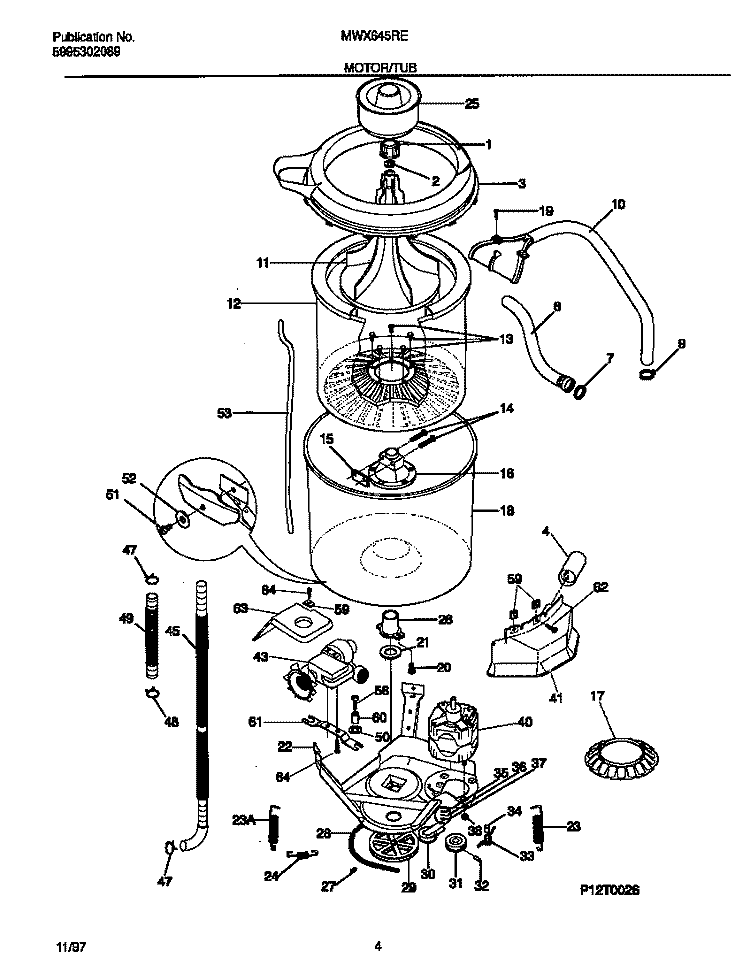 MOTOR / TUB Diagram and Parts List for MWX645RES2  Frigidaire Washer