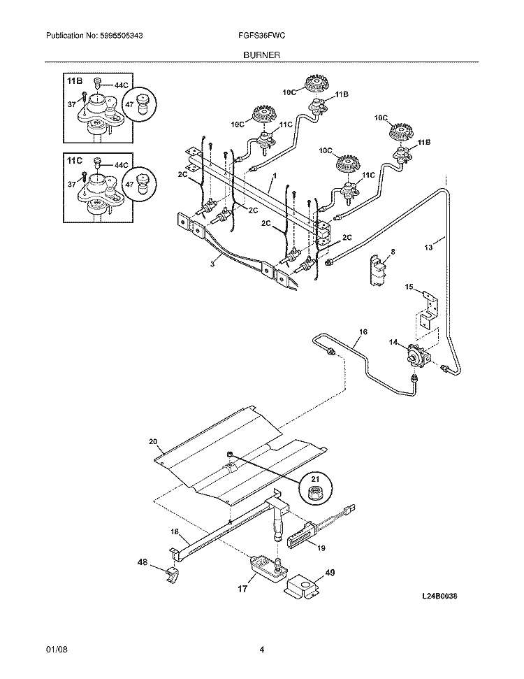 BURNER Diagram and Parts List for FGFS36FWC  Frigidaire Range