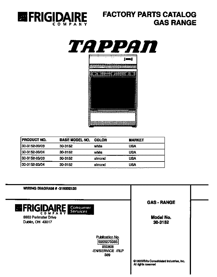 COVER Diagram and Parts List for 30-3152-00-04  Tappan Range