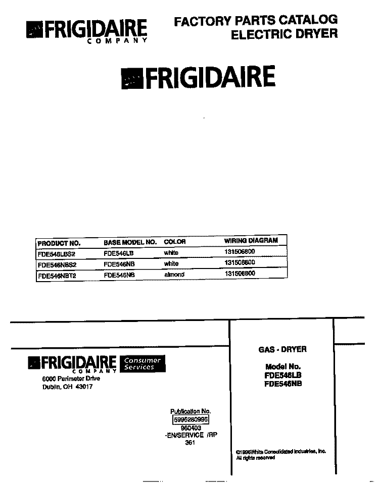 COVER Diagram and Parts List for FDE546LBS2  Frigidaire Dryer