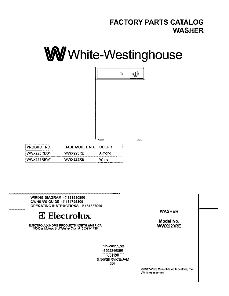 COVER Diagram and Parts List for WWX223REW1  Frigidaire Washer