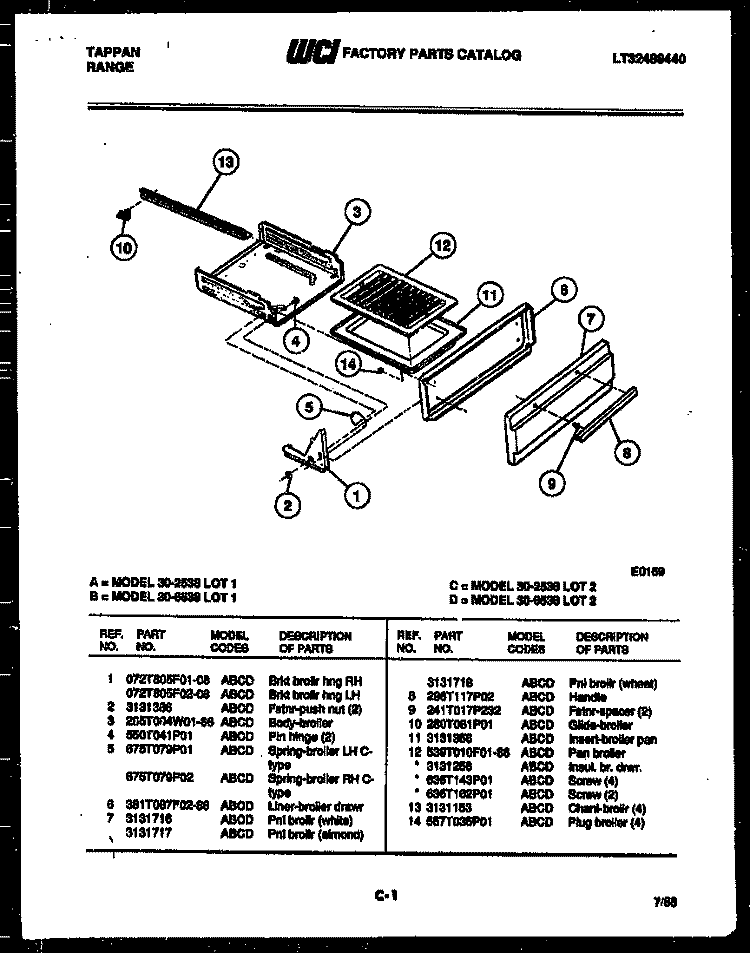 BROILER DRAWER PARTS Diagram and Parts List for 30-2538-23-01  Tappan Range