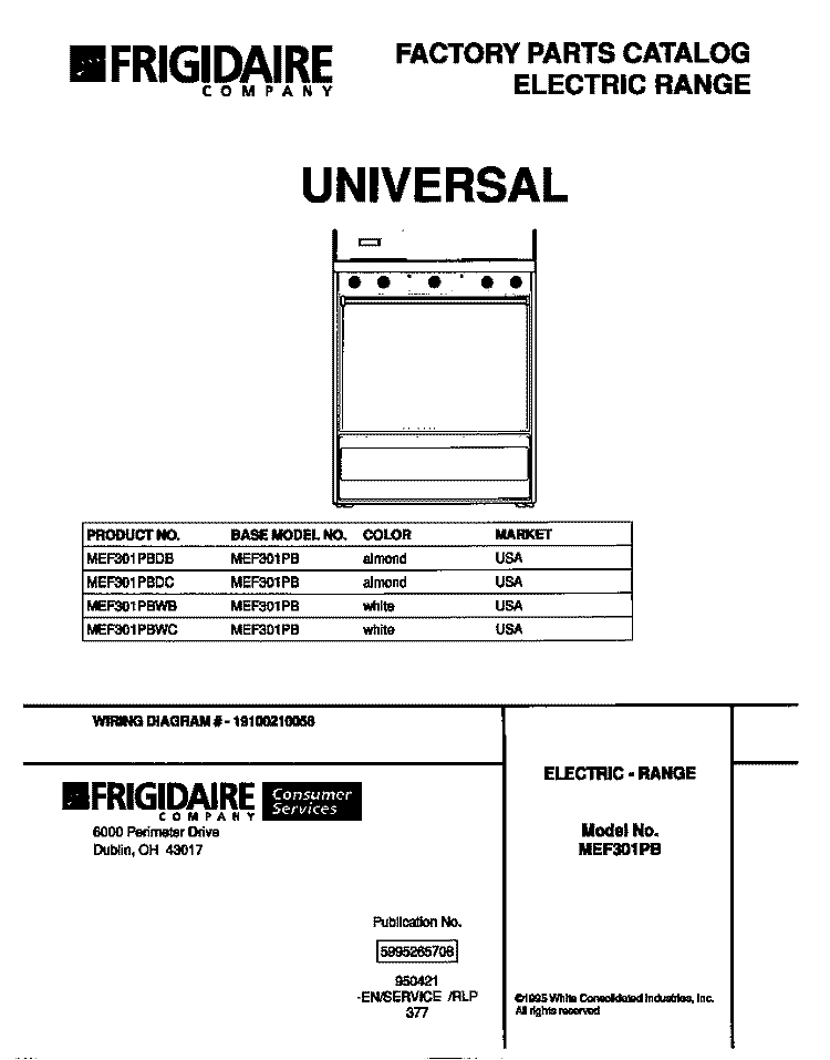 COVER Diagram and Parts List for MEF301PBDC  Frigidaire Range
