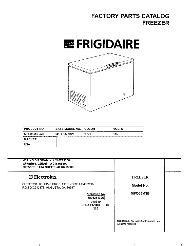 COVER Diagram and Parts List for MFC05M3BW6  Frigidaire Freezer