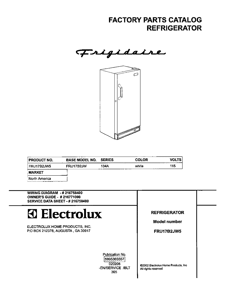 COVER Diagram and Parts List for FRU17B2JW5  Frigidaire Refrigerator