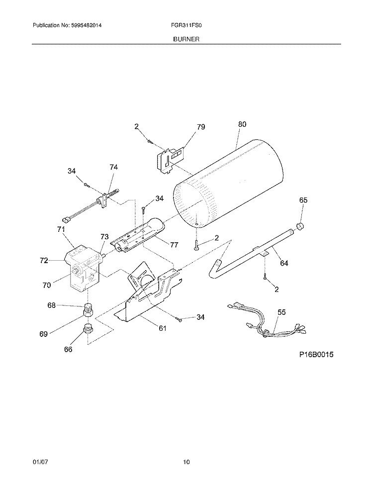 BURNER Diagram and Parts List for FGR311FS0  Frigidaire Dryer