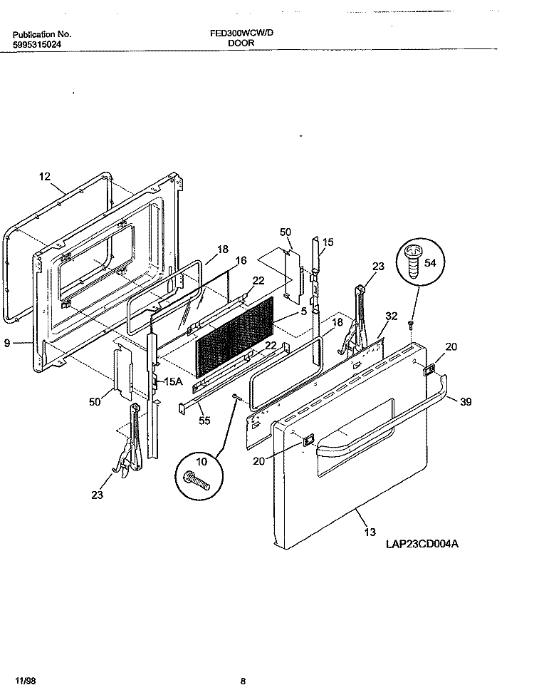 DOOR Diagram and Parts List for FED300WCW5  Frigidaire Range