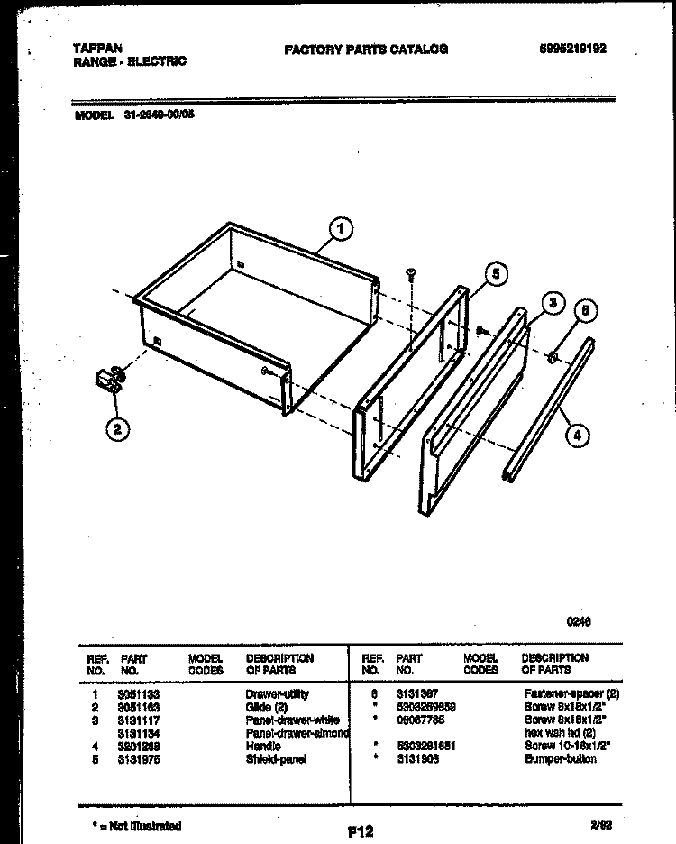DRAWER PARTS Diagram and Parts List for 31-2649-00-05  Tappan Range