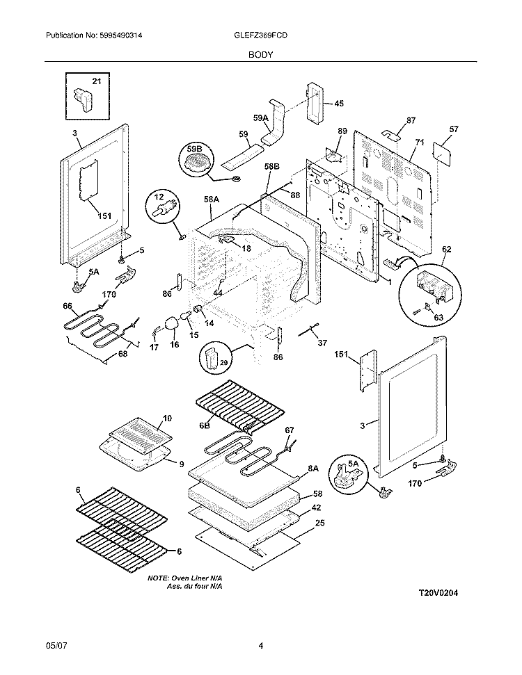BODY Diagram and Parts List for GLEFZ369FCD  Frigidaire Range