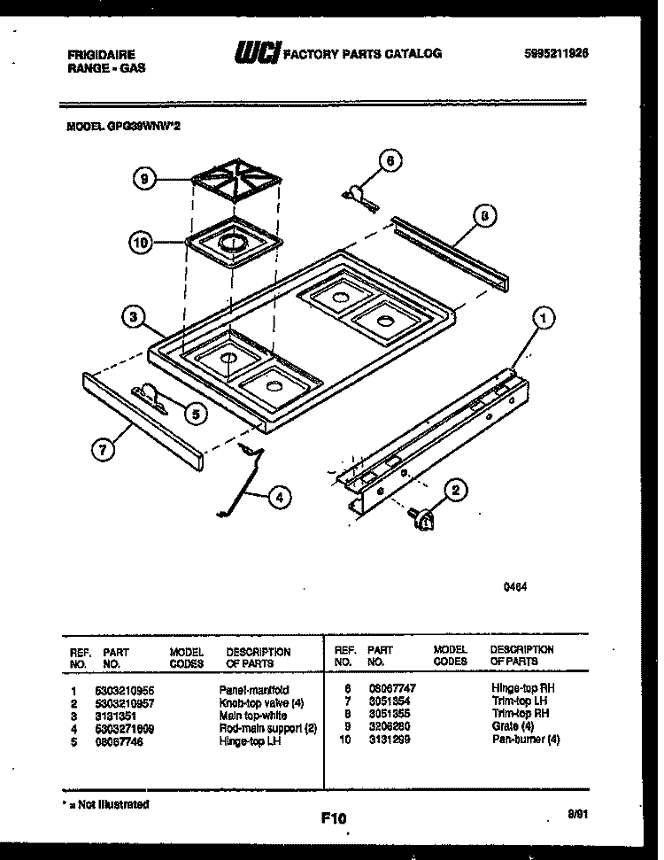 COOKTOP PARTS Diagram and Parts List for GPG39WNW2  Frigidaire Range